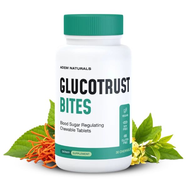 GlucoTrust Bites bottle with herbal imagery displayed on the homepage